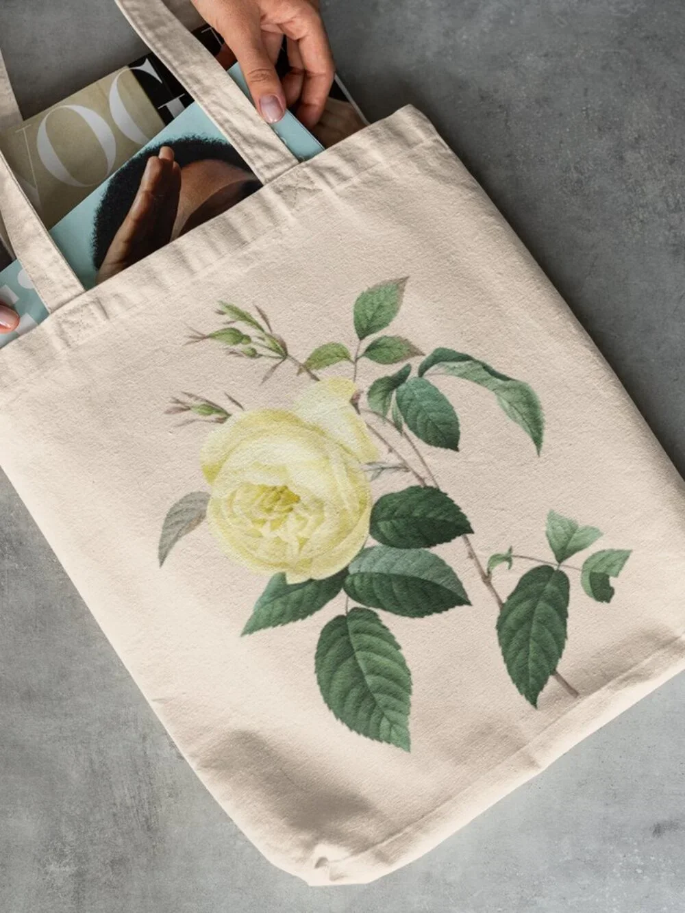 Yellow Rose Vintage Floral Print Graphic Canvas Tote Bag